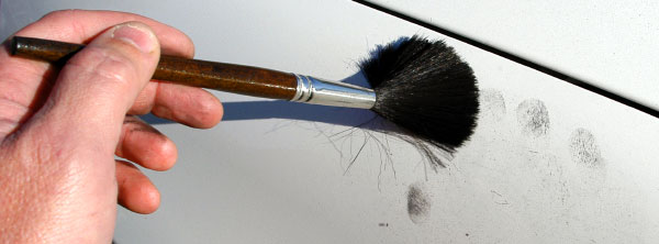 A hand holding a soft brush dusting the surface of a car hood revealing fingerprints